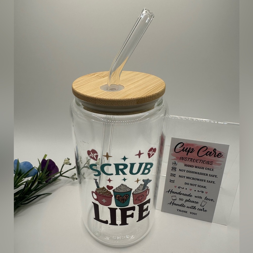 New! Scrub Life Glass Tumbler with straw and Bamboo Lid ~ Stay Hydrated!